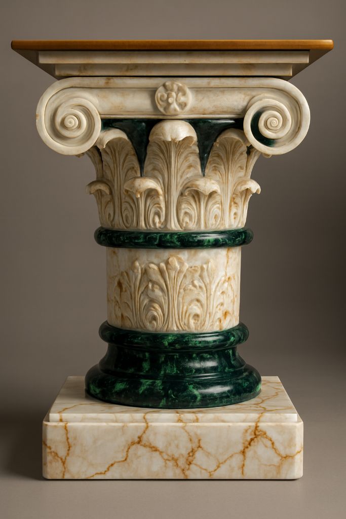 Colonne en marbre blanc sculpté avec chapiteau ionique et fût vert