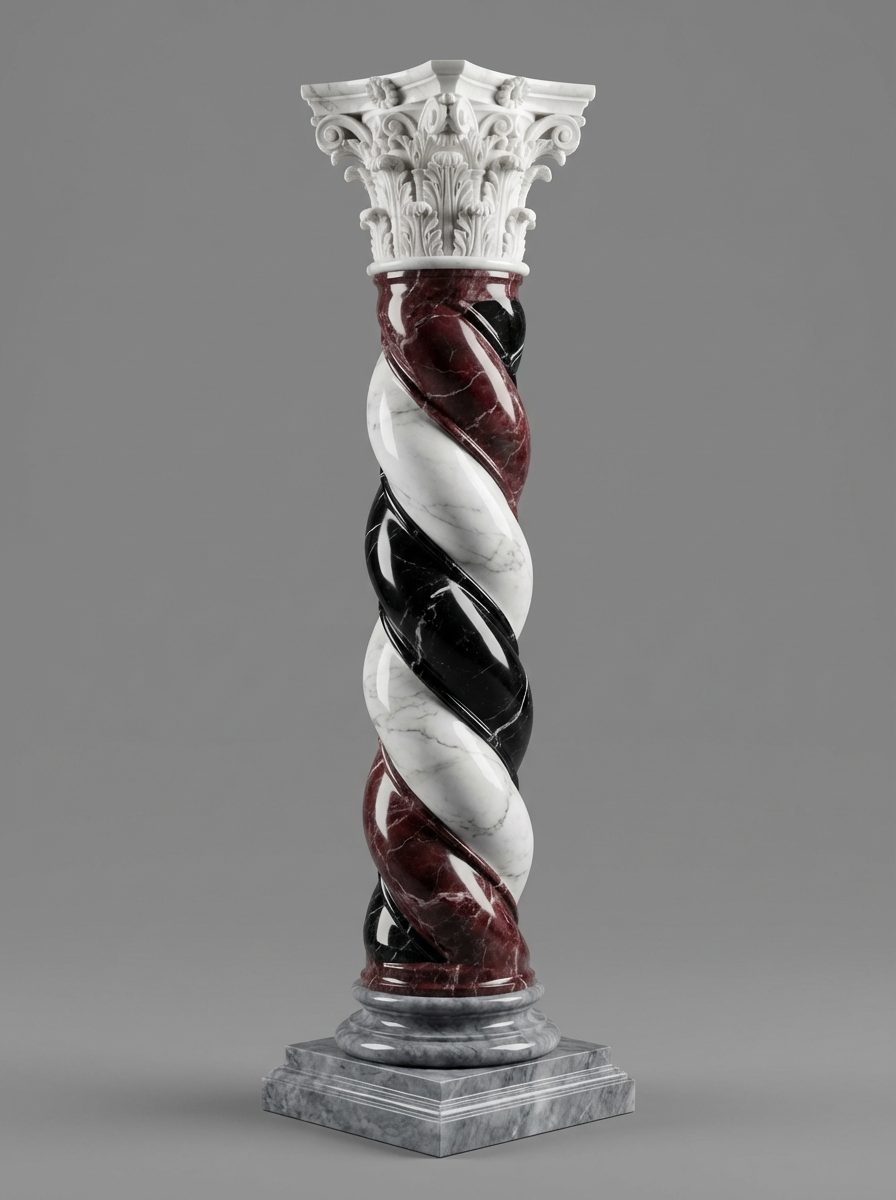 Colonne torse en marbre rouge Alicante, blanc de Carrare et noir
