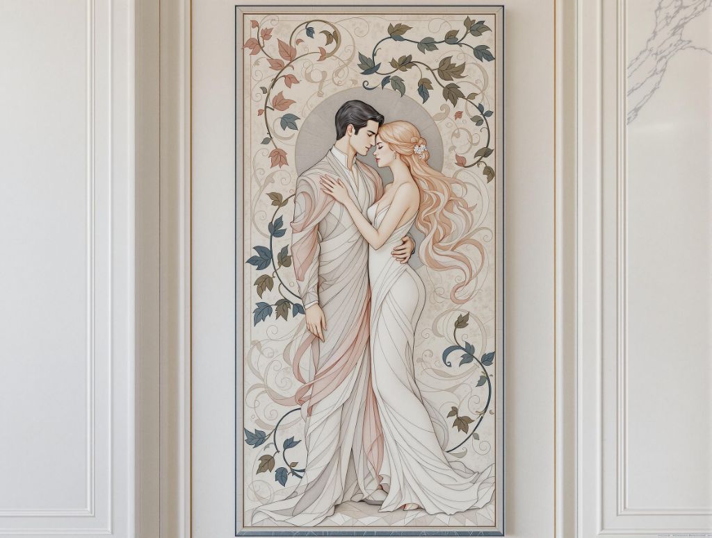Panneau vertical en marqueterie de marbre, décor floral Art nouveau
